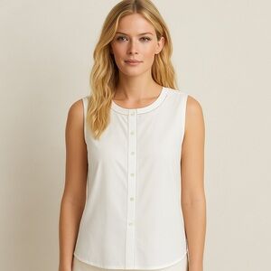 ST. JOHN White Stretch Cotton Monili Beading Accent Button Down Sleeveless Med